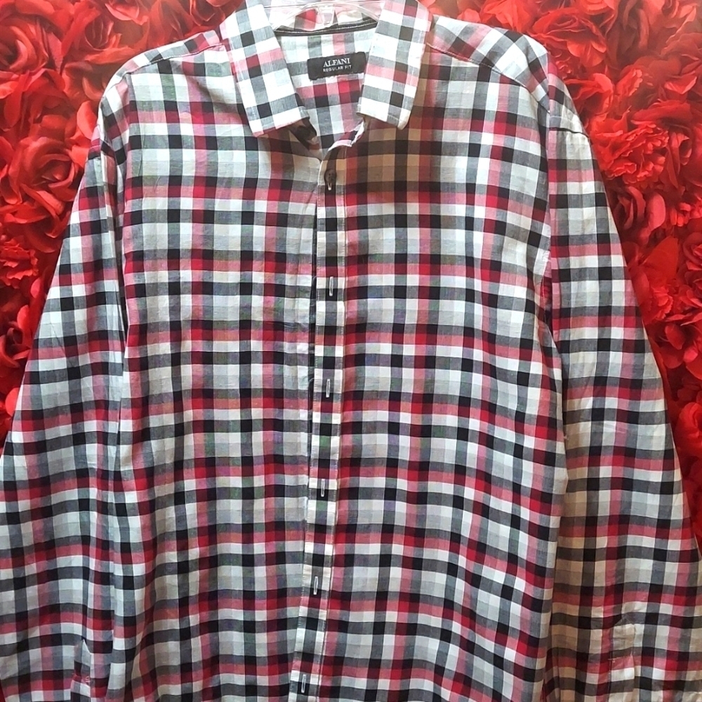 Alfani Men's Size Medium Casual Dress Shirt Maroon/Red/White/Black